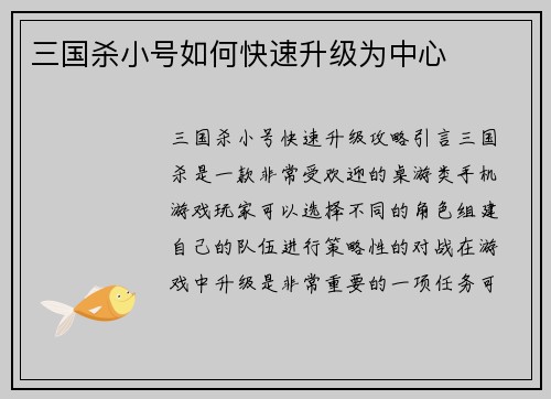 三国杀小号如何快速升级为中心
