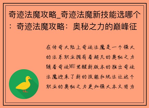 奇迹法魔攻略_奇迹法魔新技能选哪个：奇迹法魔攻略：奥秘之力的巅峰征程